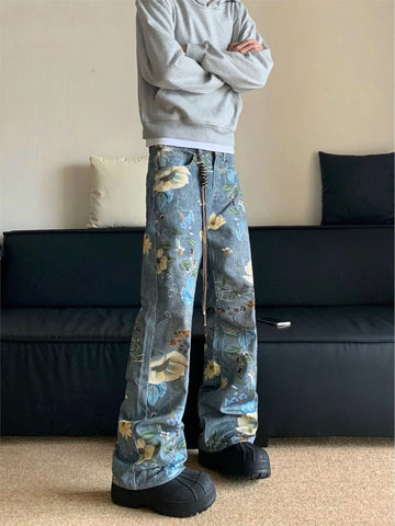 Hip hop trend men and women street personality straight tube flower print washed jeans for couples loose retro casual pants y2k